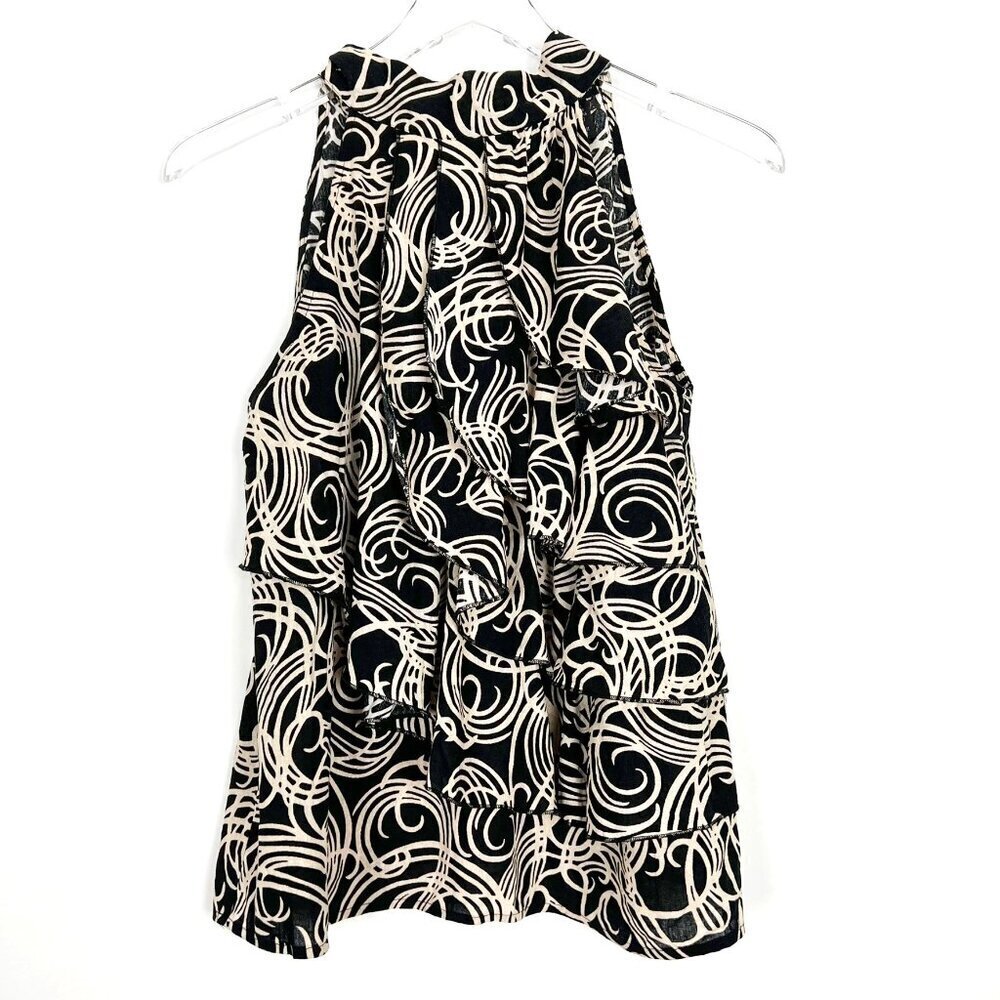 Elena Solano Tank Women's M Black Cream Linen Blend Ruffled High Neck Back Tie